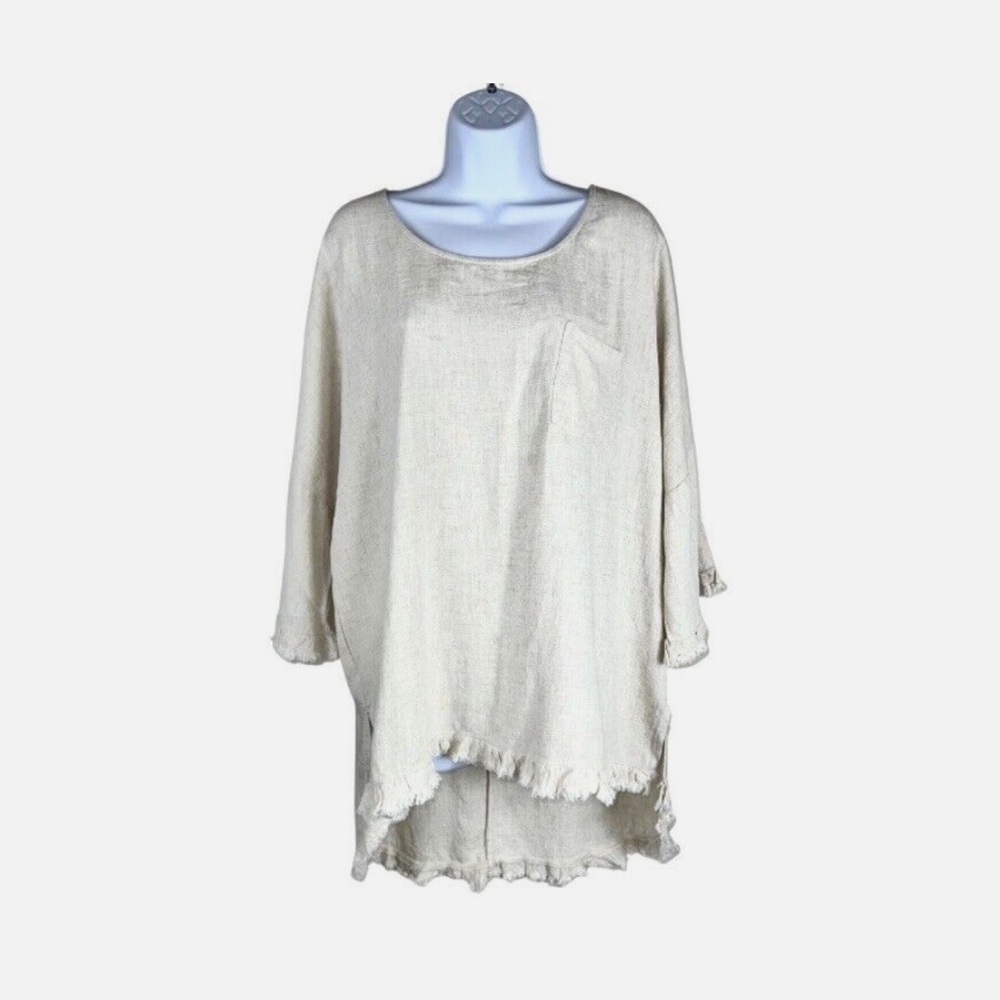 Umgee Boho Fringe Oatmeal Linen Blend Bell Sleeve Blouse, Size Small - Picture 2 of 6